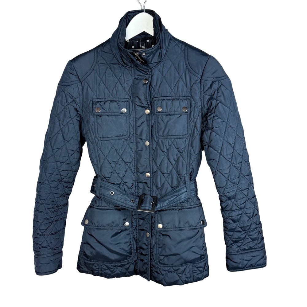 Banana Republic Quilted Jacket‎ Women S Navy Polyester Belted Polka Dot